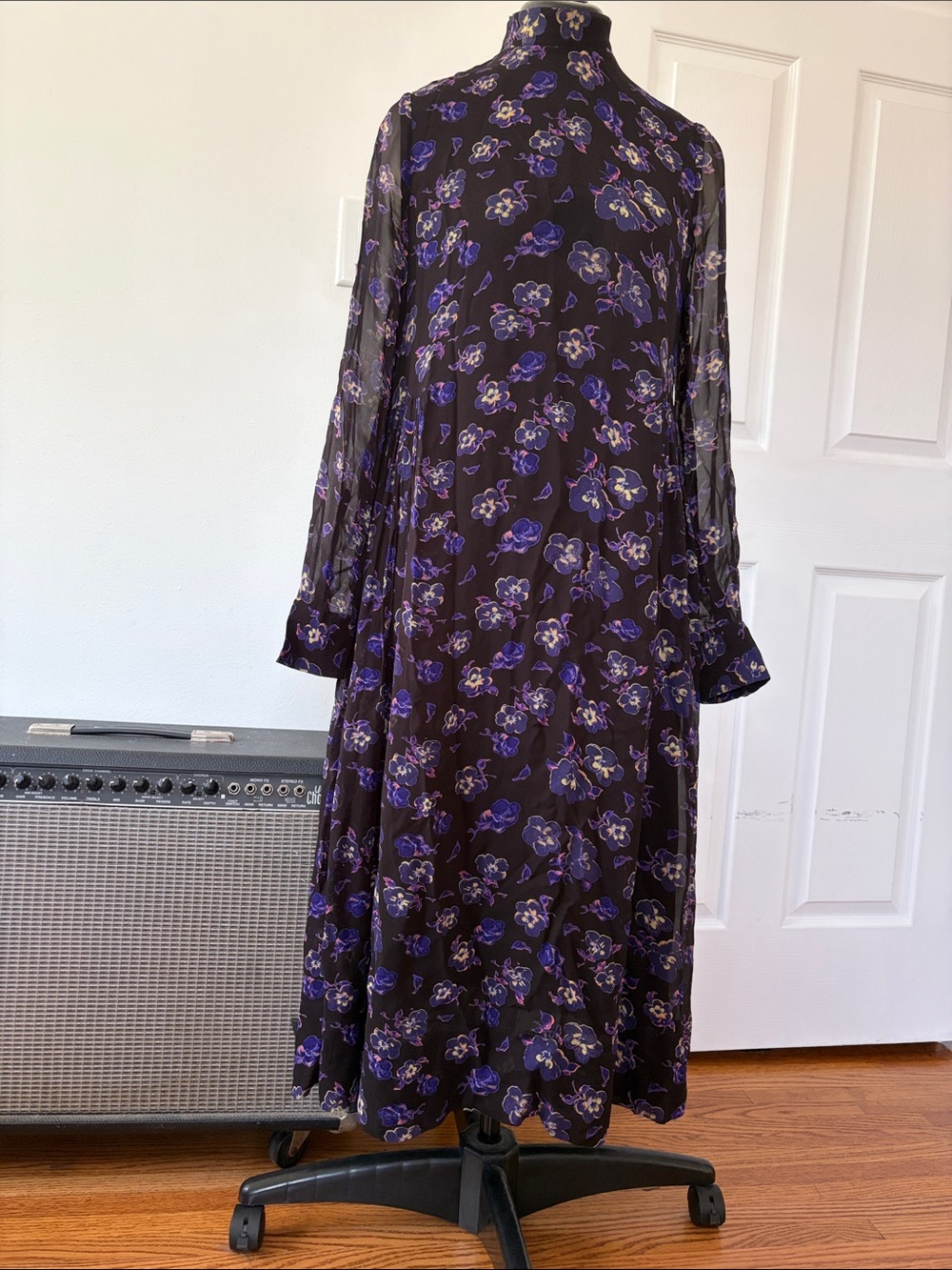 Ganni Black Dress with Purple Floral Print Midi